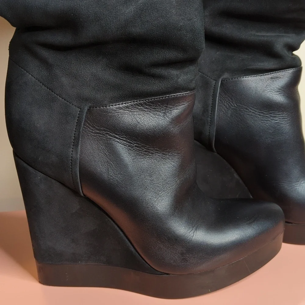 Vince Suede Nubuck Wedge Knee High Mob Wife Boots Made in Italy Black 9 US 40 EU